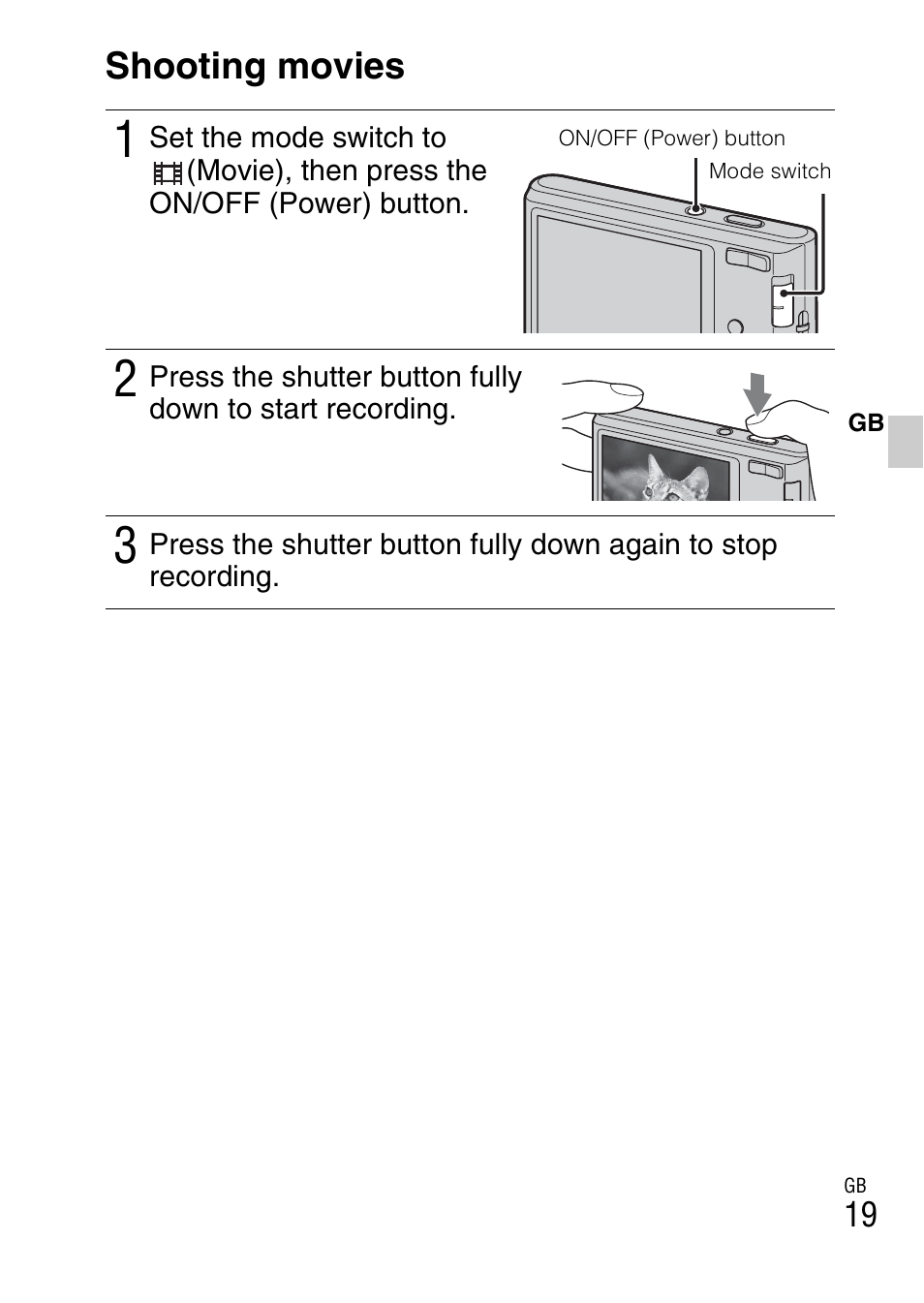 Shooting movies | Sony DSC-W330 User Manual | Page 19 / 60