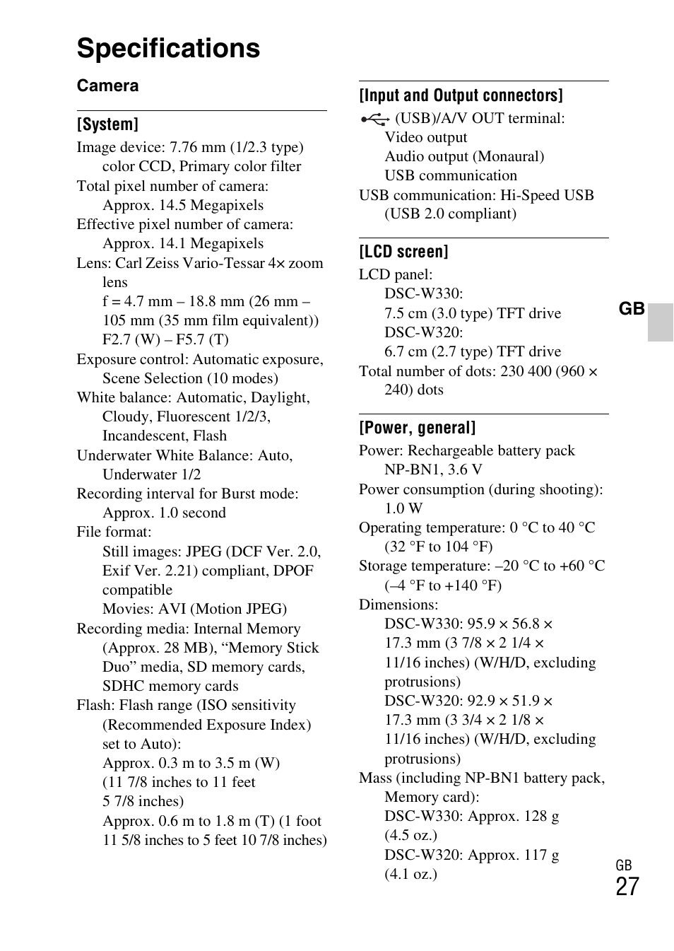 Specifications | Sony DSC-W330 User Manual | Page 27 / 60