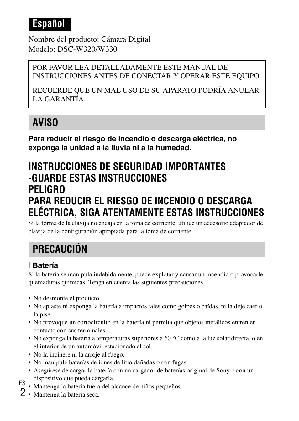 Español, Aviso precaución | Sony DSC-W330 User Manual | Page 30 / 60