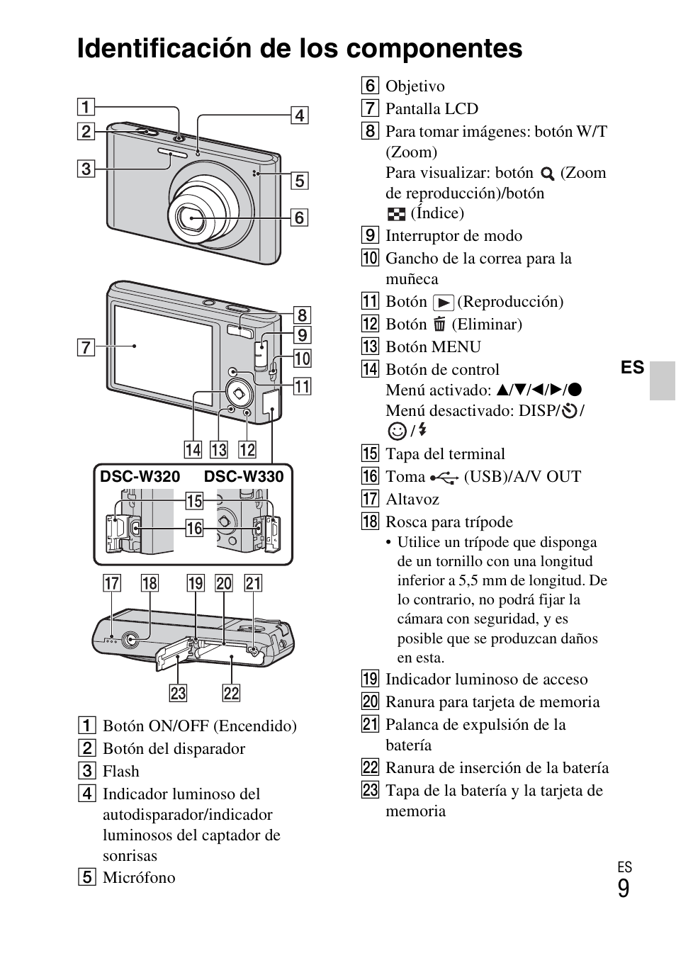 Identificación de los componentes | Sony DSC-W330 User Manual | Page 37 / 60