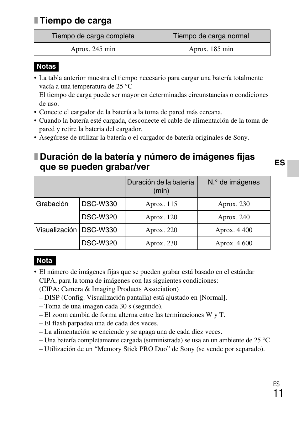 Xtiempo de carga | Sony DSC-W330 User Manual | Page 39 / 60