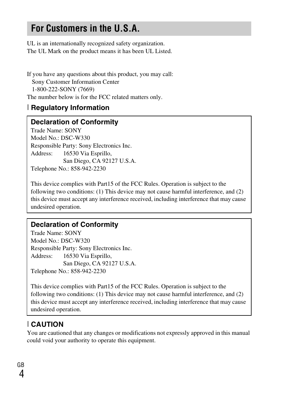 For customers in the u.s.a | Sony DSC-W330 User Manual | Page 4 / 60
