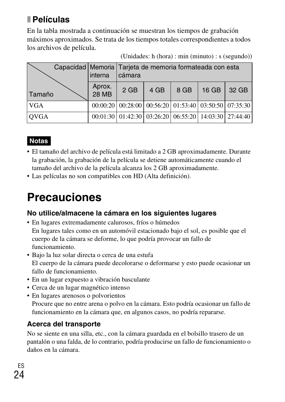 Precauciones, Xpelículas | Sony DSC-W330 User Manual | Page 52 / 60