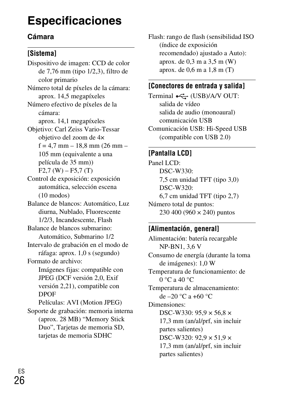 Especificaciones | Sony DSC-W330 User Manual | Page 54 / 60