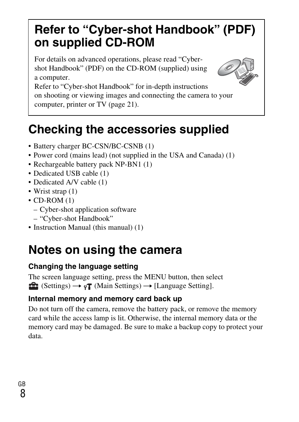 Checking the accessories supplied, Notes on using the camera | Sony DSC-W330 User Manual | Page 8 / 60