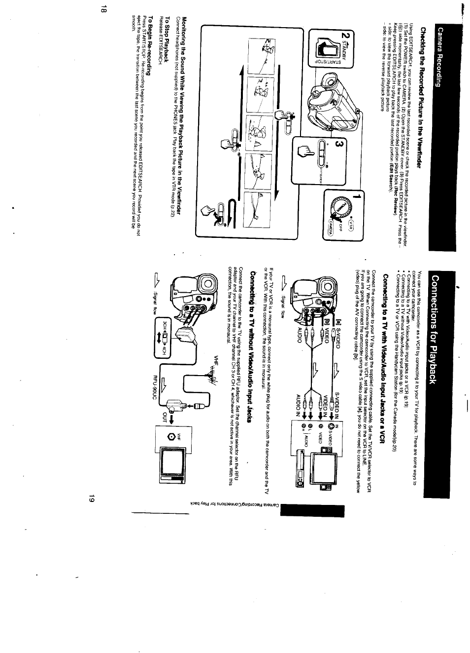 Checking the recorded picture in the viewfinder, To stop playback, To begin re-recording | Connachnd to a tv without vmeo/audlo input jacks | Sony CCD-TR500 User Manual | Page 10 / 29