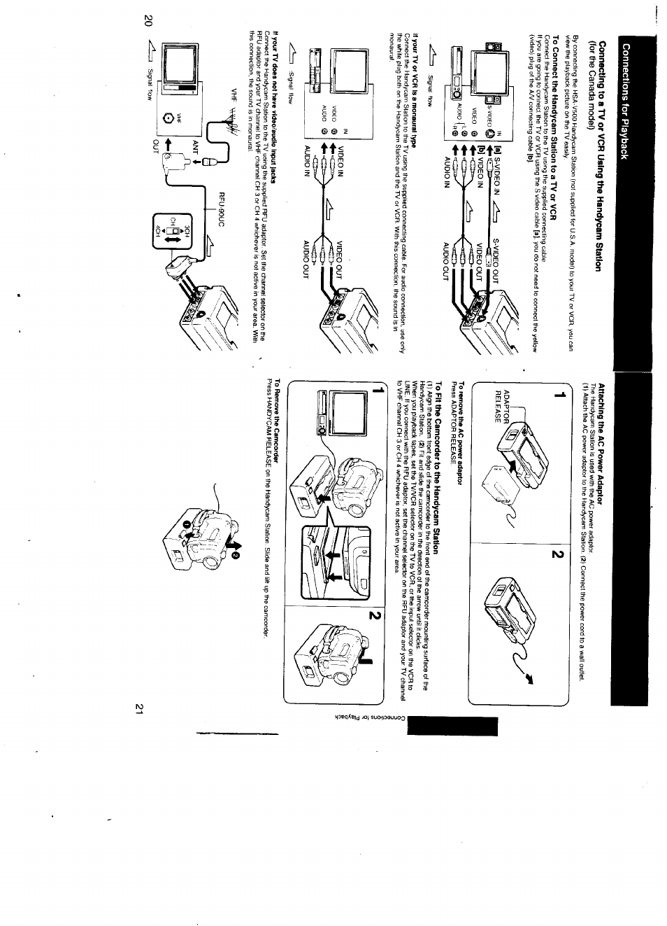 To connect the hendycam station to a tv or vcr, Attaching the ac power adaptor, To fit the camcorder to the handycam station | For the canada model) | Sony CCD-TR500 User Manual | Page 11 / 29