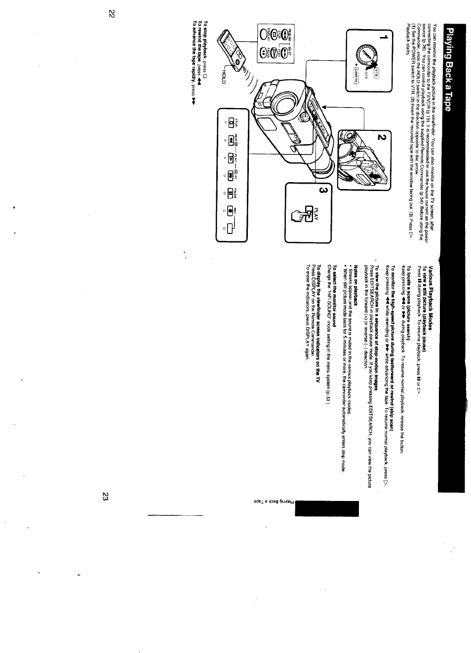 Playing back a tape, Various playback modes, To locate a scene (picture search) | Notes on playback, To select the monitor sound | Sony CCD-TR500 User Manual | Page 12 / 29