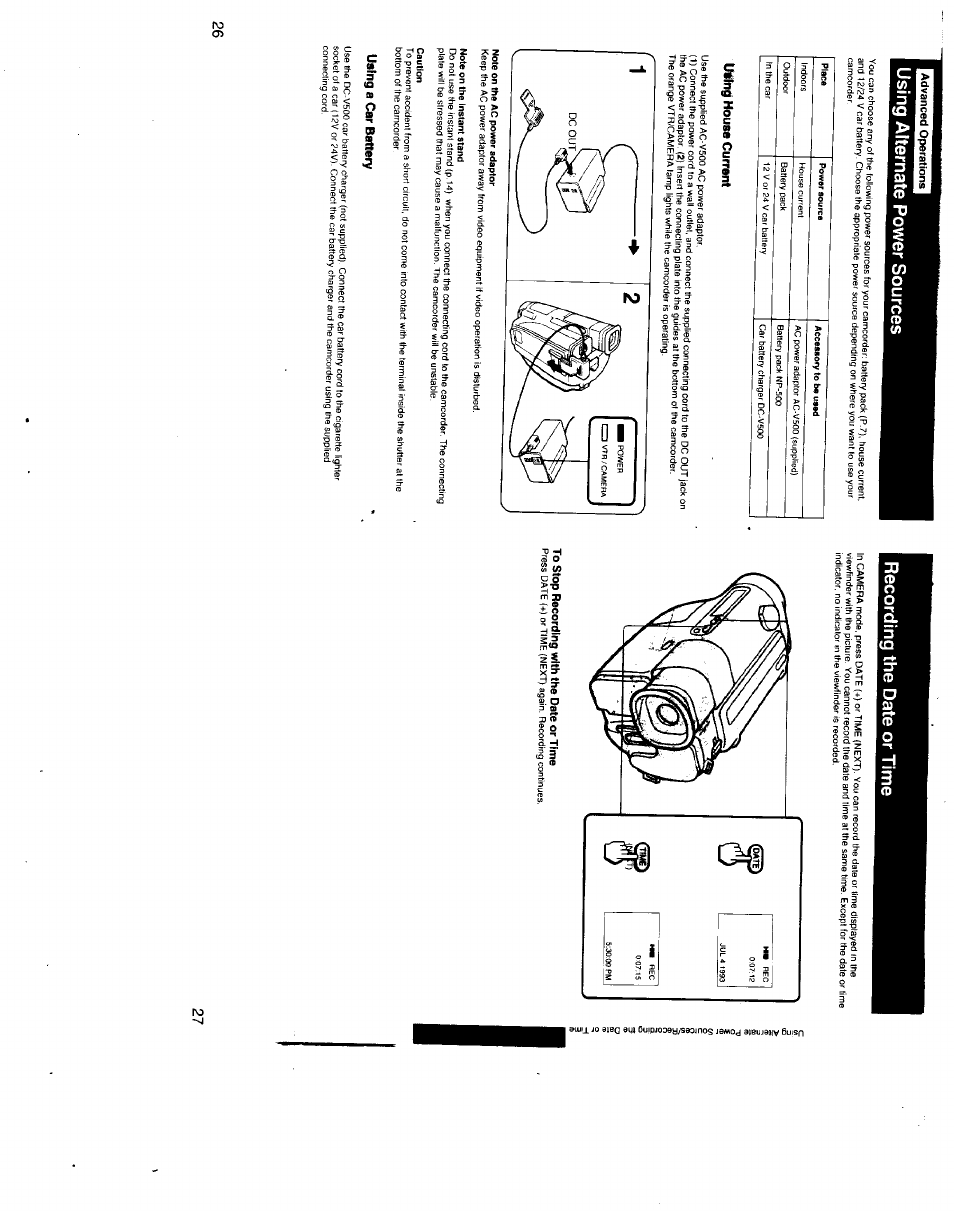 I advanced operations i, Uilns house current, To stop recording with the date or time | Note on the ac power adaptor, Note on the instant stand, Caution, Using a car battery | Sony CCD-TR500 User Manual | Page 14 / 29