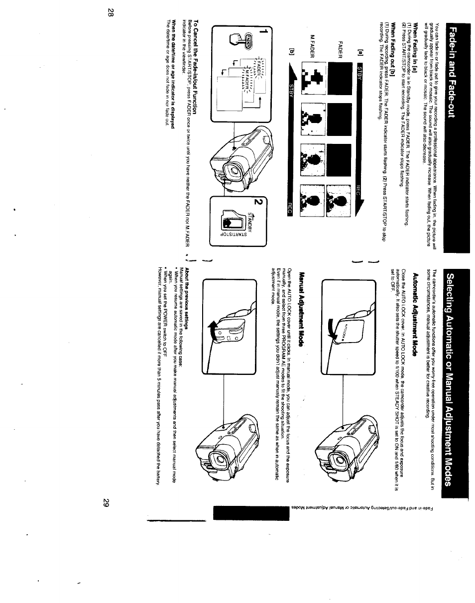 When fading in [a, When fading out [b, To cancel the fade-in/out function | When the date/time or age indicator is displayed, Automatic adfustment mode, Manual adjuatmant mode, About the previous settings | Sony CCD-TR500 User Manual | Page 15 / 29