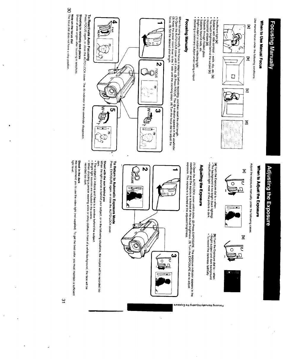 Whan to use manual focus, Focusing manually, To reactivate auto focusing | When to adjust the exposure, Adjusting the exposure, To return to automatic exposure mode, Focusing manually adjusting the exposure | Sony CCD-TR500 User Manual | Page 16 / 29