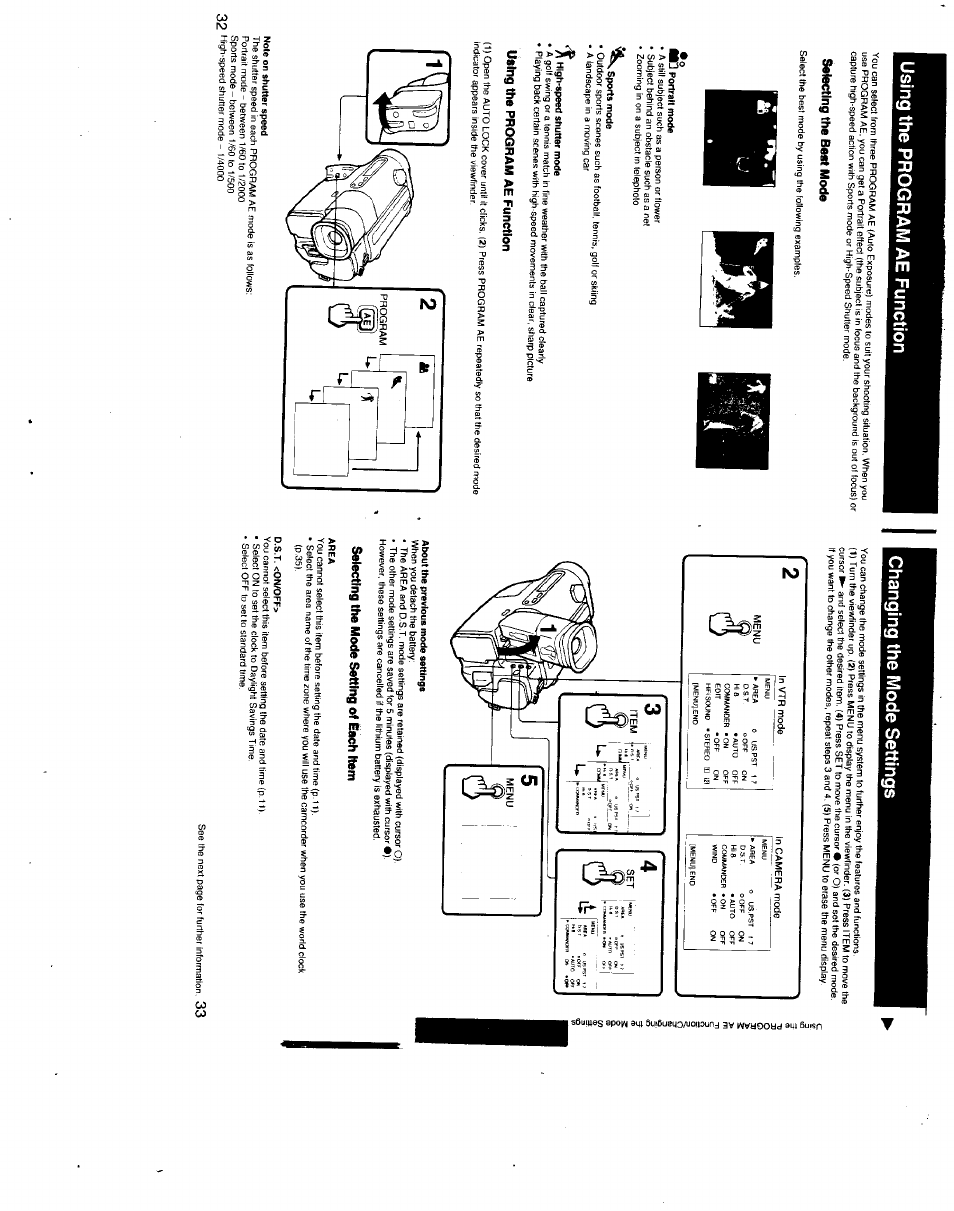 Using the program ae function, Selecting the best mode, Mj portrait mode | Sports mode, High-speed shutter mode, Note on shutter speed, About the previous mode settings, Selecting the mode setting of leach item, Area, D.s.t. <on/off | Sony CCD-TR500 User Manual | Page 17 / 29