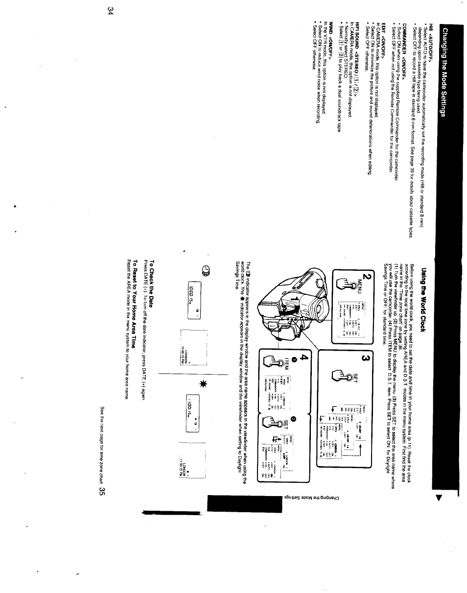 His <auto/off, Edit <on/off, Wind <on/off | Using the world clock, To check the date, To reset to your home area time, Changing the mode settings | Sony CCD-TR500 User Manual | Page 18 / 29