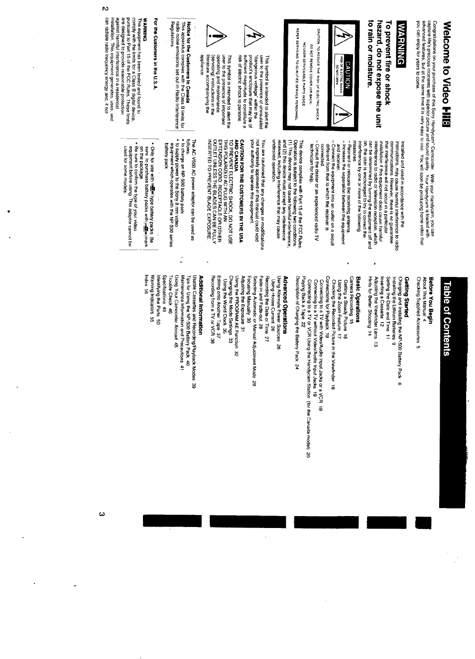 Notice for the customers in canada, For the customers in the u.s.a, Warning | Caution for the customers in the usa and canada, Welcome to video hlis, Table of contents warning | Sony CCD-TR500 User Manual | Page 2 / 29