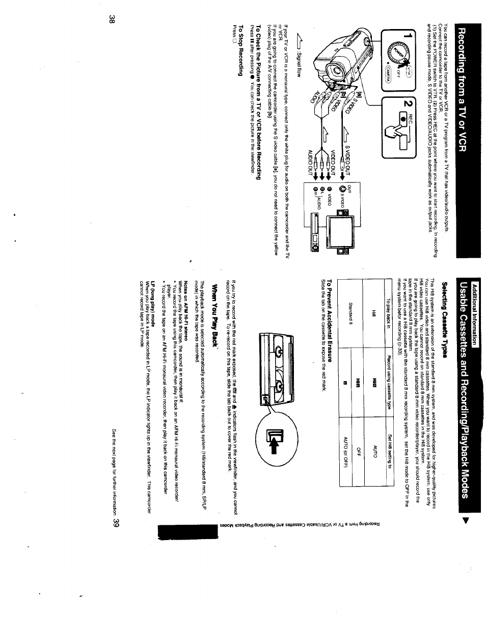 Usable cassettes and recording/playback modes, To stop recording, Selecting cassette typra | To prevent accidental erasure, When you play back, Notes on afm hi-fi stereo, Lp (long play) mode | Sony CCD-TR500 User Manual | Page 20 / 29