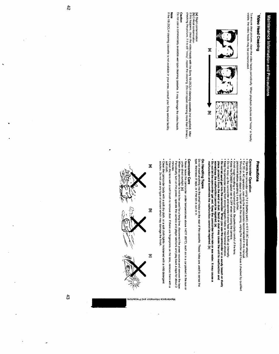 Video head clediilng, Caution, Note | Camcorder operation, On handling tapes, Camcorder care | Sony CCD-TR500 User Manual | Page 22 / 29