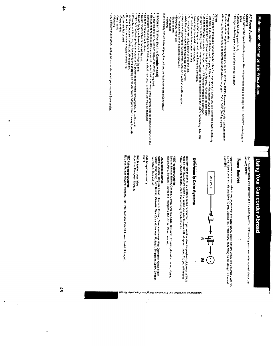 Using your camcorder abroad, Ac power adaptor, Charging temperature | Others, Handycam station (for the canada model), Lower souites, Olftemiee in color systems, 0[a] [b, Maintenance information and precautions | Sony CCD-TR500 User Manual | Page 23 / 29