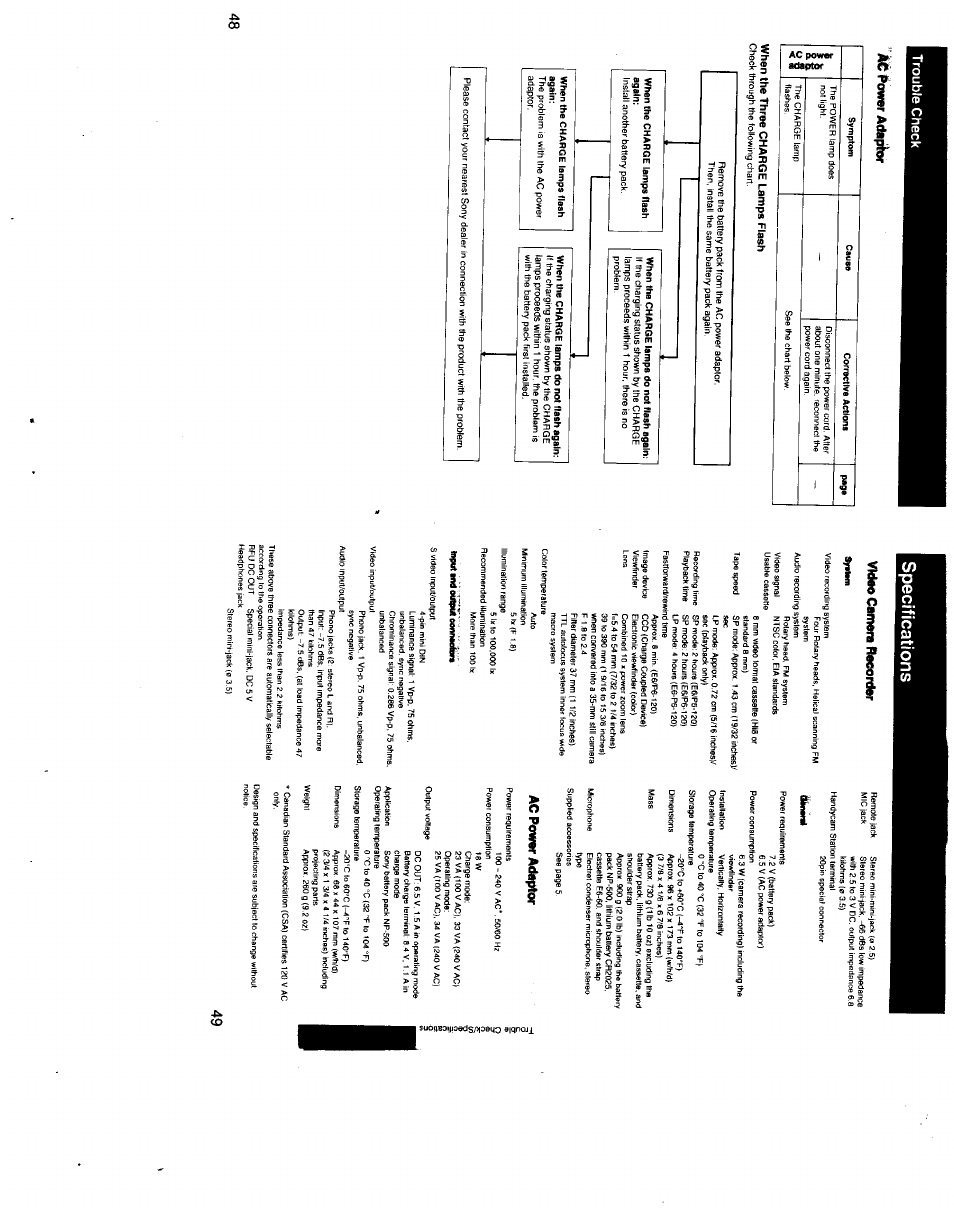 Specifications, Àie l^ower adaptor, Video camera recorder | When the three charge lamps flash, Input and coihtwfar, Ac power adapkm, Trouble check, Àie l^ower adaptor video camera recorder | Sony CCD-TR500 User Manual | Page 25 / 29