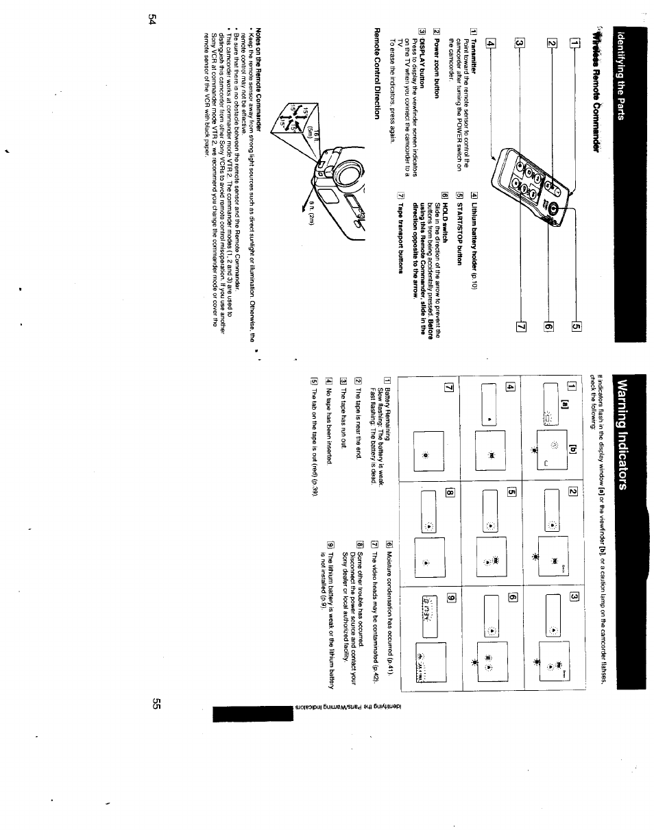 Q] transmitter, 2] power zoom button, 3j display button | Remote control direction, Lithium battery holder (p.10), 5] start/stopbutton, 6] hold switch, Notes on the remote commander, Warning indicators, Iwt«lèè 8 | Sony CCD-TR500 User Manual | Page 28 / 29