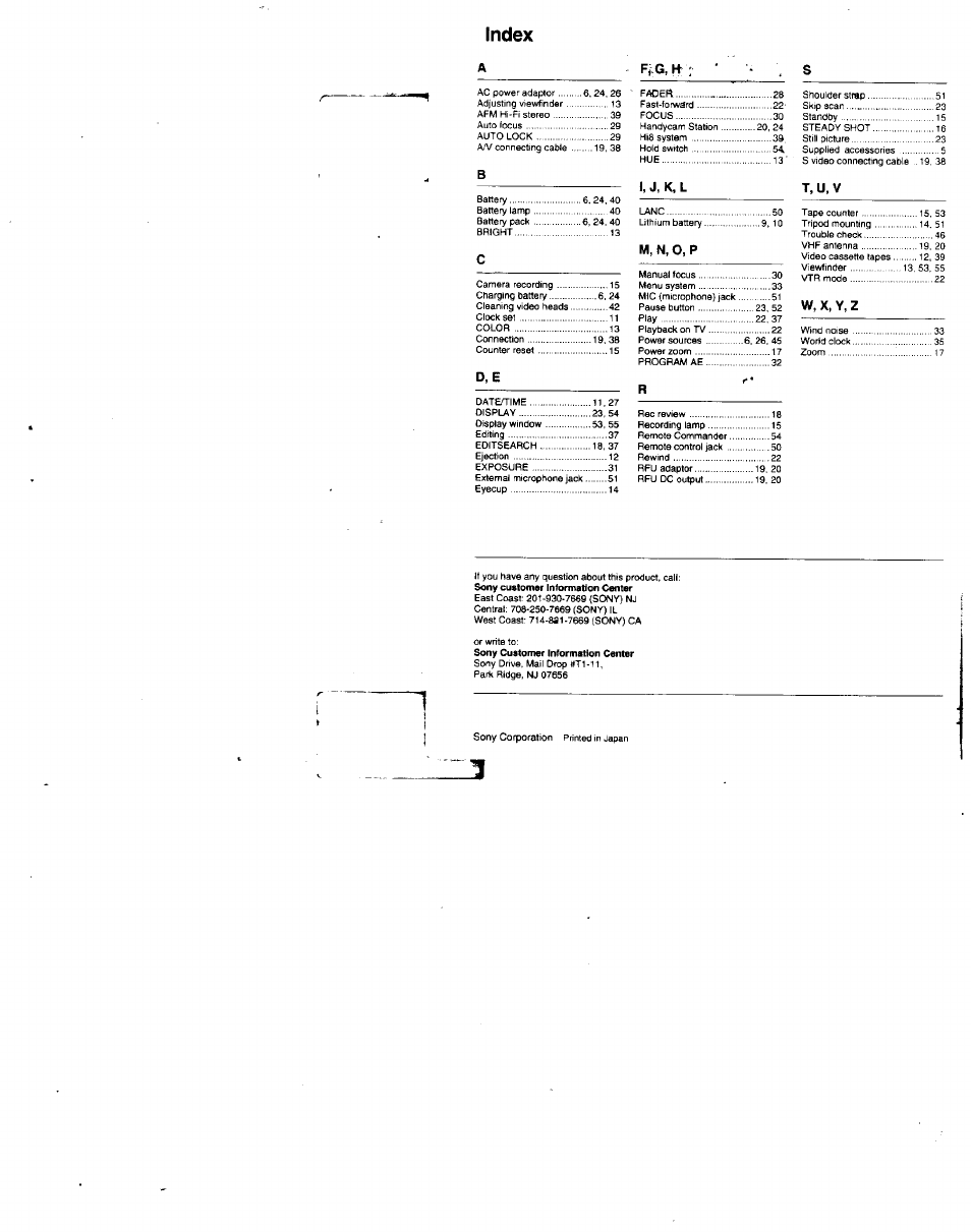 Index, Fi g, 1, j. k, l | M, n, o, p | Sony CCD-TR500 User Manual | Page 29 / 29