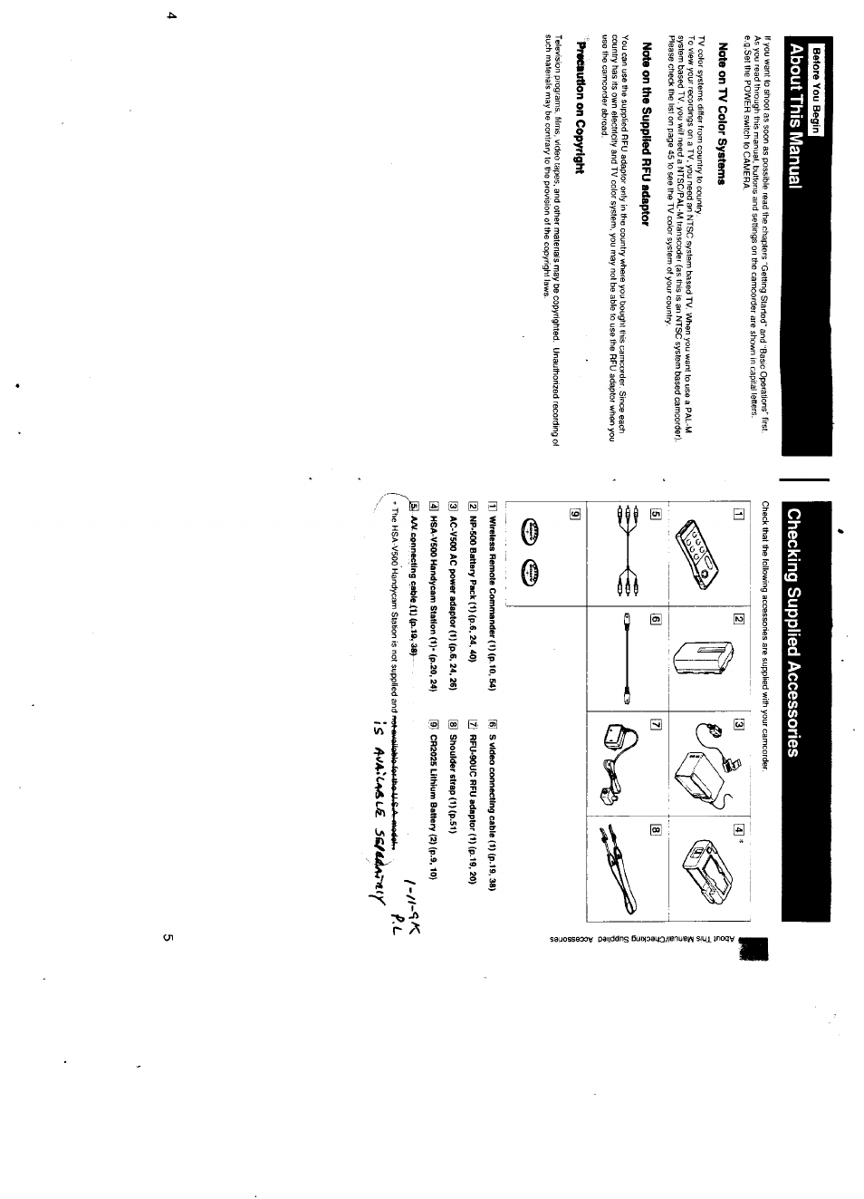 Note on tv color systems, Note on the supplied rfu adaptor, Pret*utlon on copyright | 2] np'soo battery pack (1) (p.6. 24. 40), Aa(. connecting capieit) (p. 10,-3, 7] rfu-90uc rfu adaptor (1)(p.19,20), 8] shoulder strap (1)(p.51), Cr2025 luhtum battery (2) (p.9,10), About this manual, Checking supplied accessories | Sony CCD-TR500 User Manual | Page 3 / 29