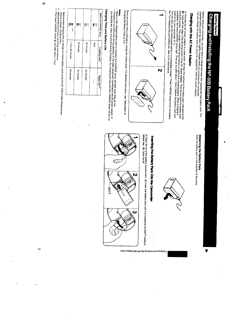 Charging and installing the np-500 battery pack, Charging with th« ac power adaptor, Notes | Charging time and battery life, Detaching the battery pack, Insertlfigthbbatmrylpacklrtothecamcordvr | Sony CCD-TR500 User Manual | Page 4 / 29