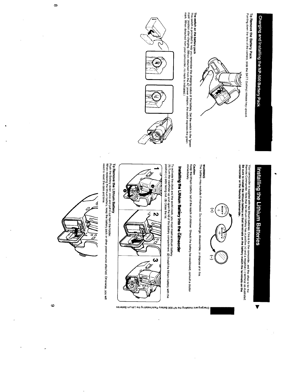 Installing the lithium batteries, To remove the battery pack, The switch on the battery pack | Warning, Installing ths lithium battsry into the d№wottier, To remove the lithium battery | Sony CCD-TR500 User Manual | Page 5 / 29