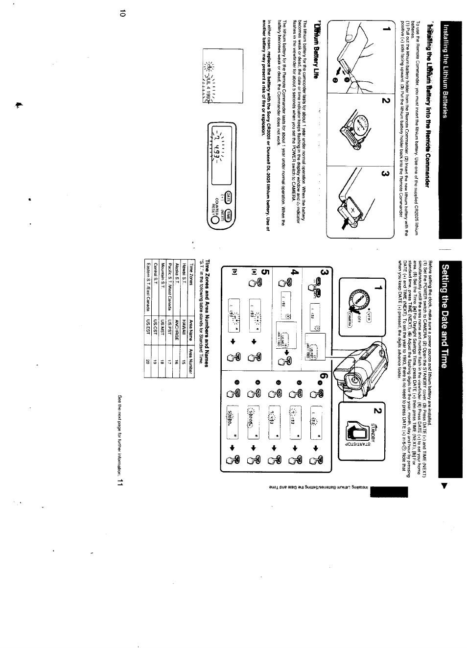 Setting the date and time, Battery life, Time zones and area numbers and names | N. w.93 | Sony CCD-TR500 User Manual | Page 6 / 29