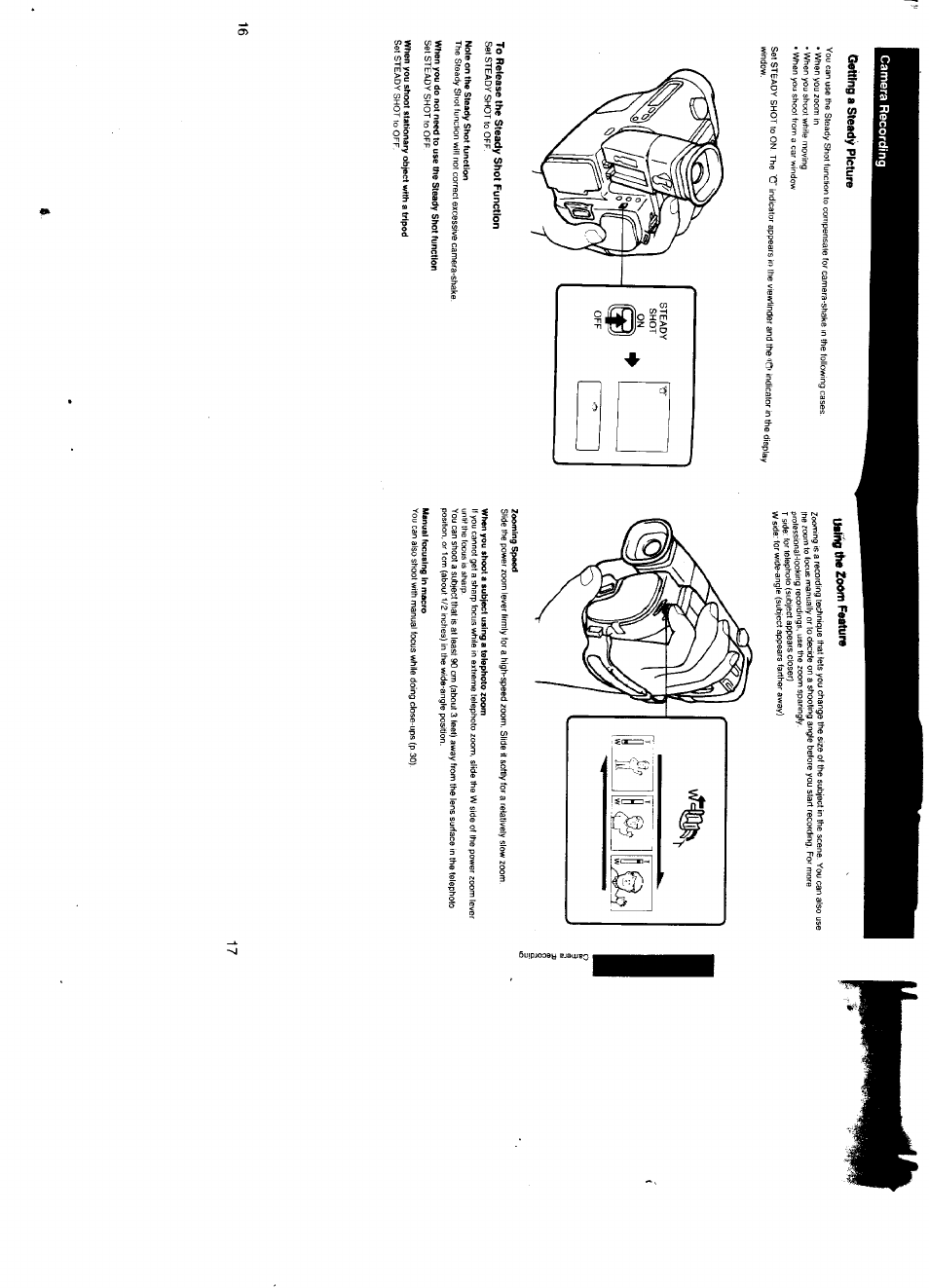 Getting a steady picture, To release the steady shot function, Note on the steady shot function | When you shoot stationary object with a tripod, Using the zoom fdatu, Zooming speed, When you shoot a subject using a telephoto zoom, Manual focusing in macro | Sony CCD-TR500 User Manual | Page 9 / 29