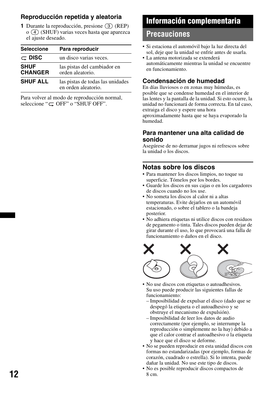 Información complementaria, Precauciones, Notas sobre los discos | Información complementaria precauciones | Sony CXS-GT2316F User Manual | Page 46 / 56