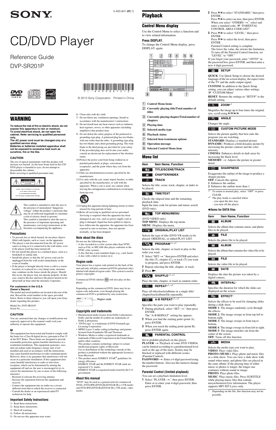 Sony DVP-SR201P User Manual | 2 pages