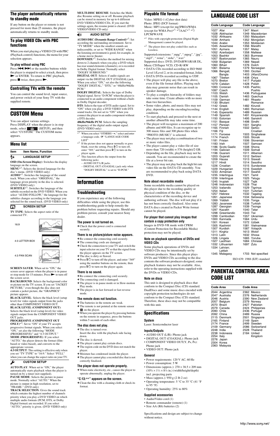 Custom menu, Information, Language code list | Parental control area code list, The player automatically returns to standby mode, Controlling tvs with the remote, Menu list, Troubleshooting, Playable file format, Specifications | Sony DVP-SR201P User Manual | Page 2 / 2