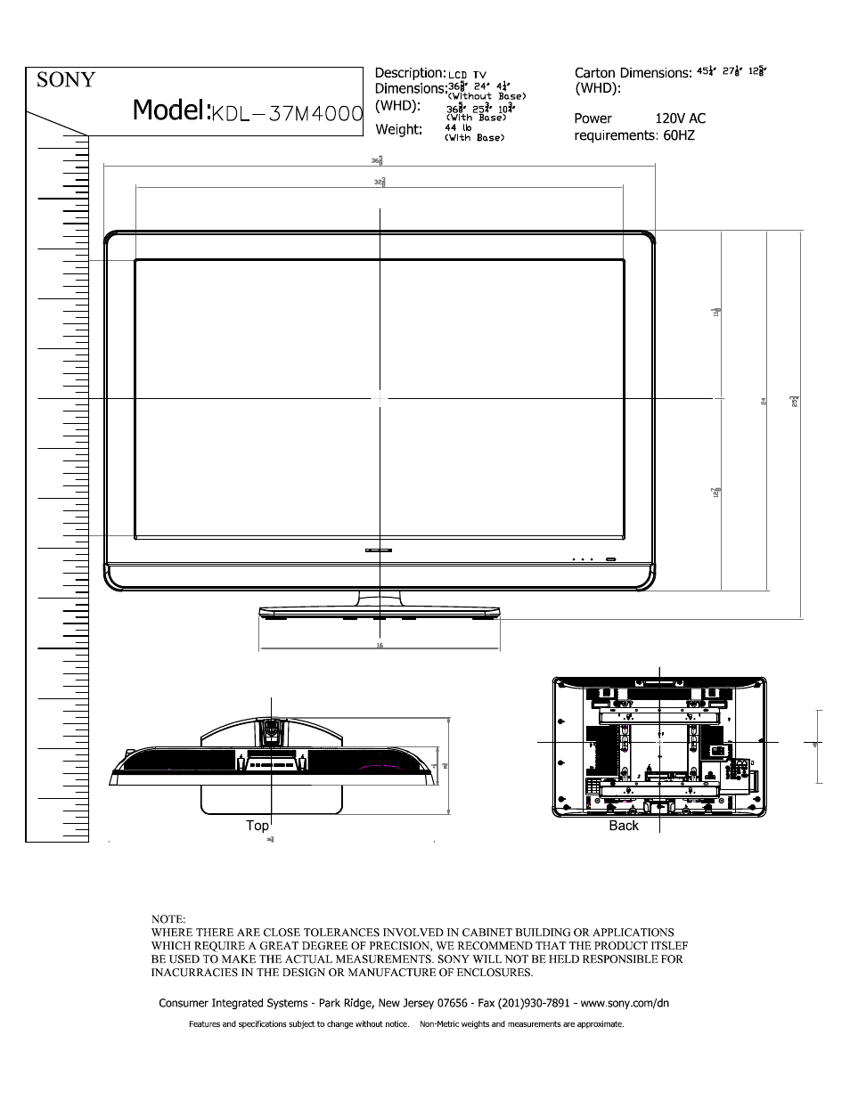 Sony KDL-37M4000 User Manual | 2 pages