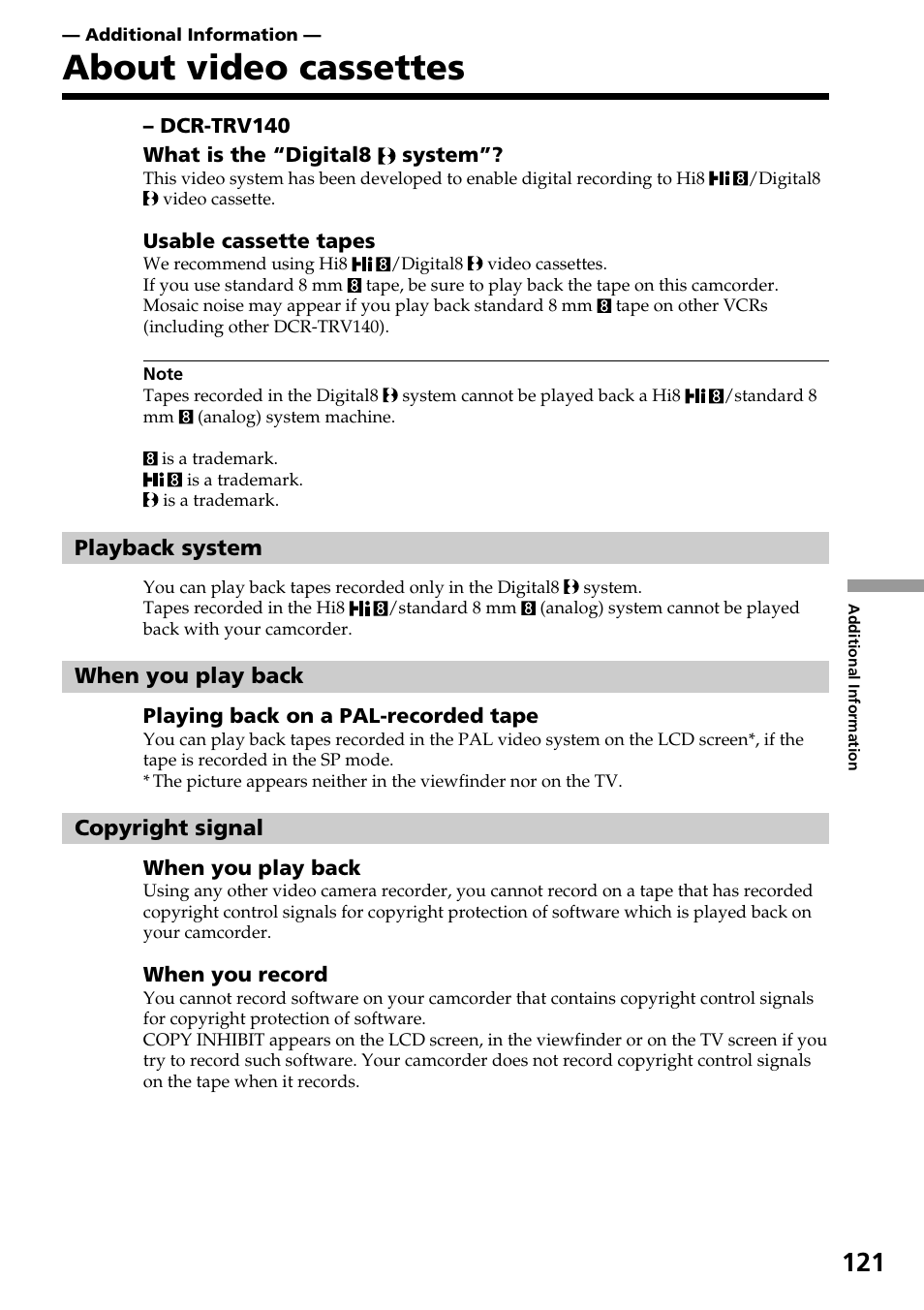 Additional information, About video cassettes | Sony DCR-TRV140 User Manual | Page 121 / 148
