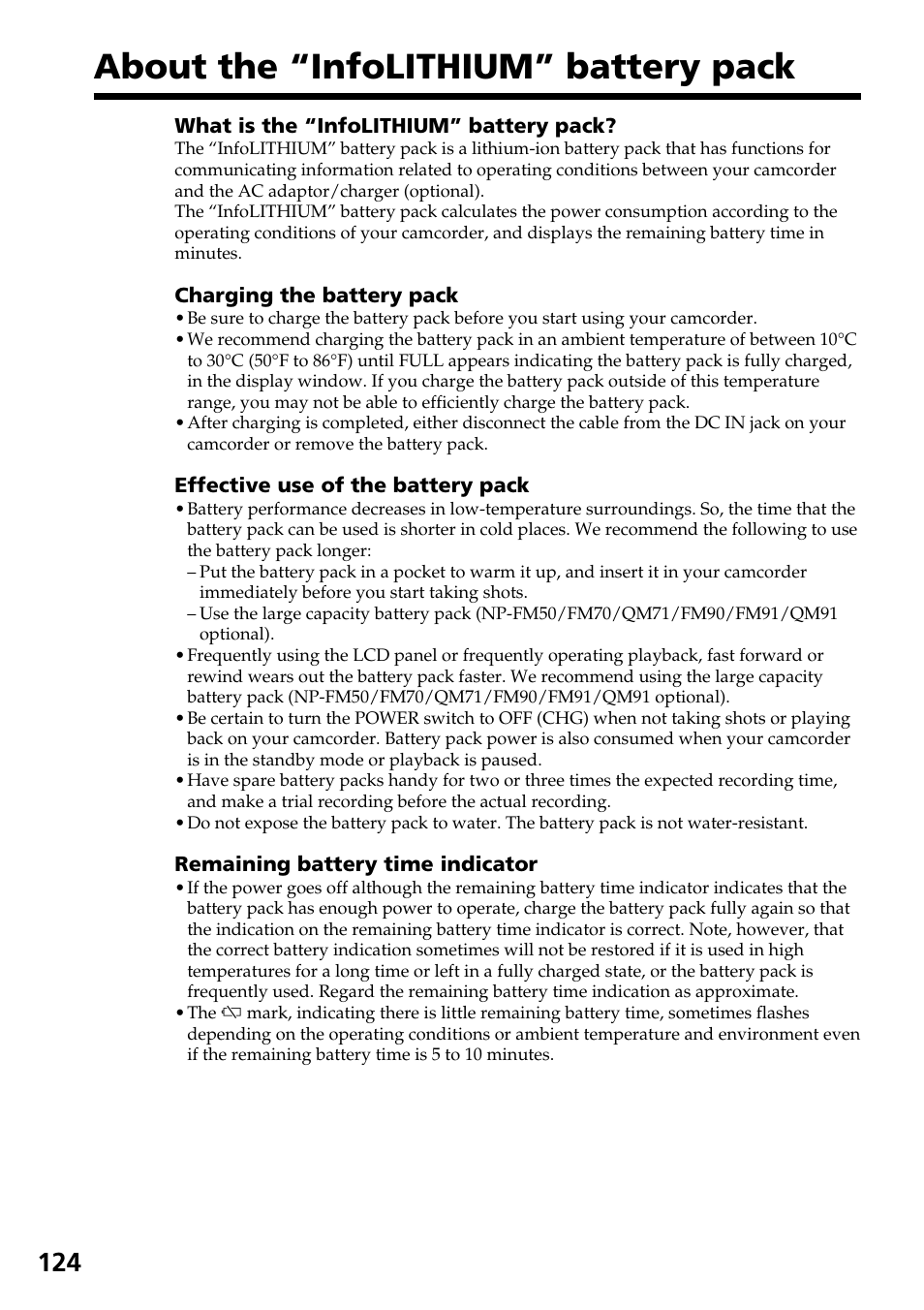 About the “infolithium” battery pack | Sony DCR-TRV140 User Manual | Page 124 / 148