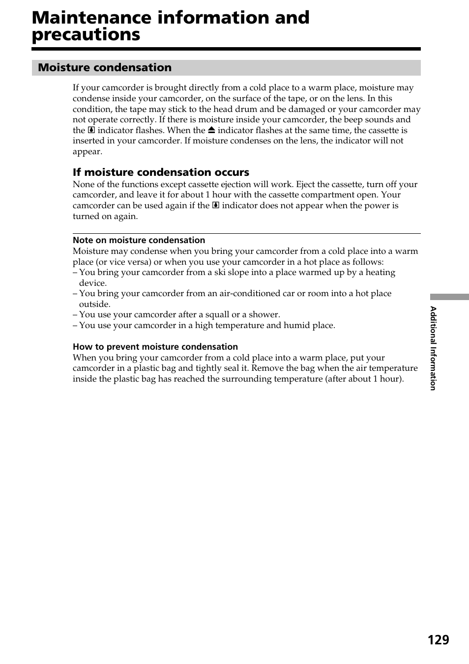 Maintenance information and precautions | Sony DCR-TRV140 User Manual | Page 129 / 148