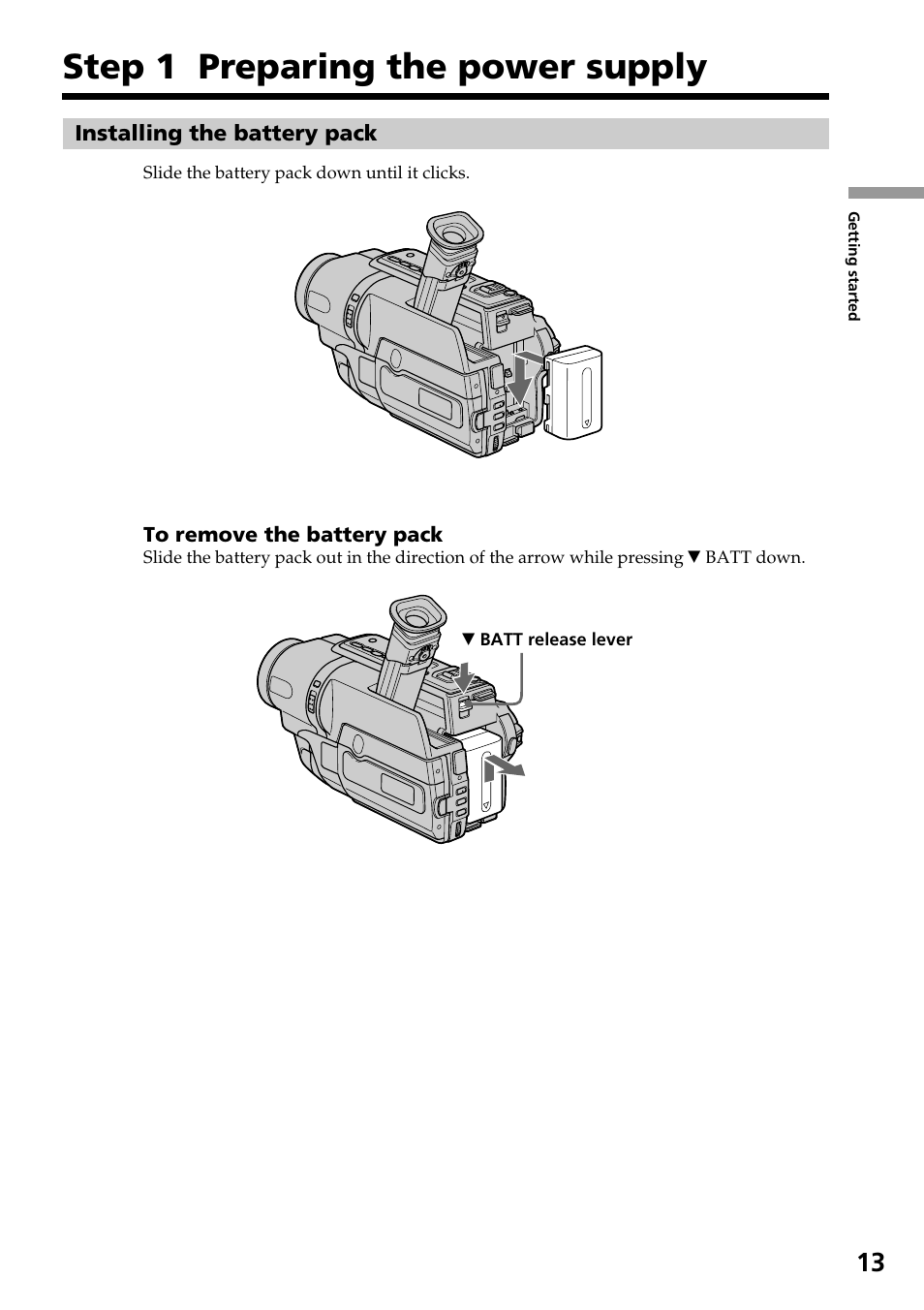 Step 1 preparing the power supply, Installing the battery pack | Sony DCR-TRV140 User Manual | Page 13 / 148