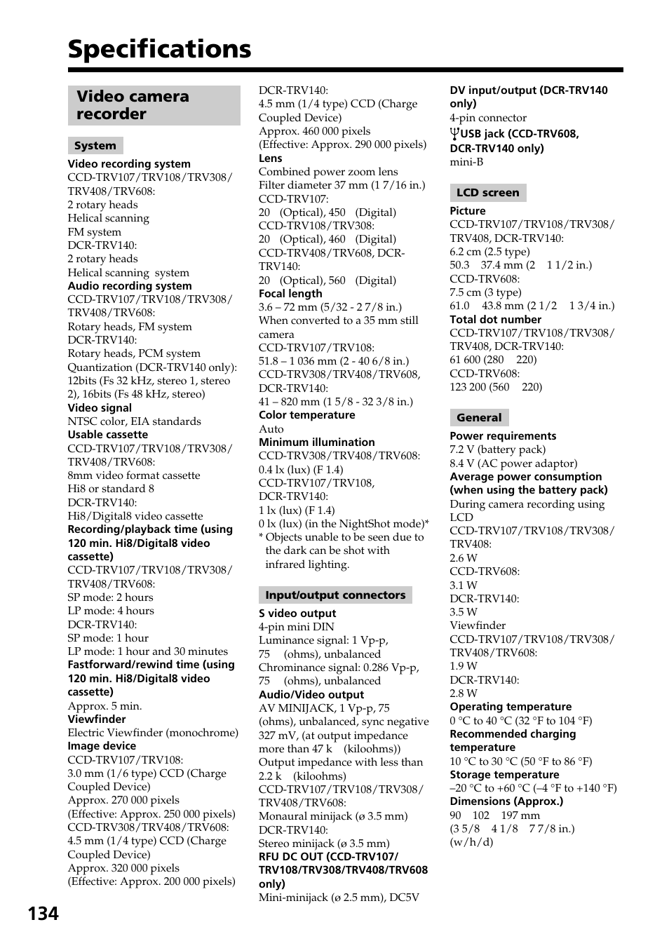 Specifications, Video camera recorder | Sony DCR-TRV140 User Manual | Page 134 / 148