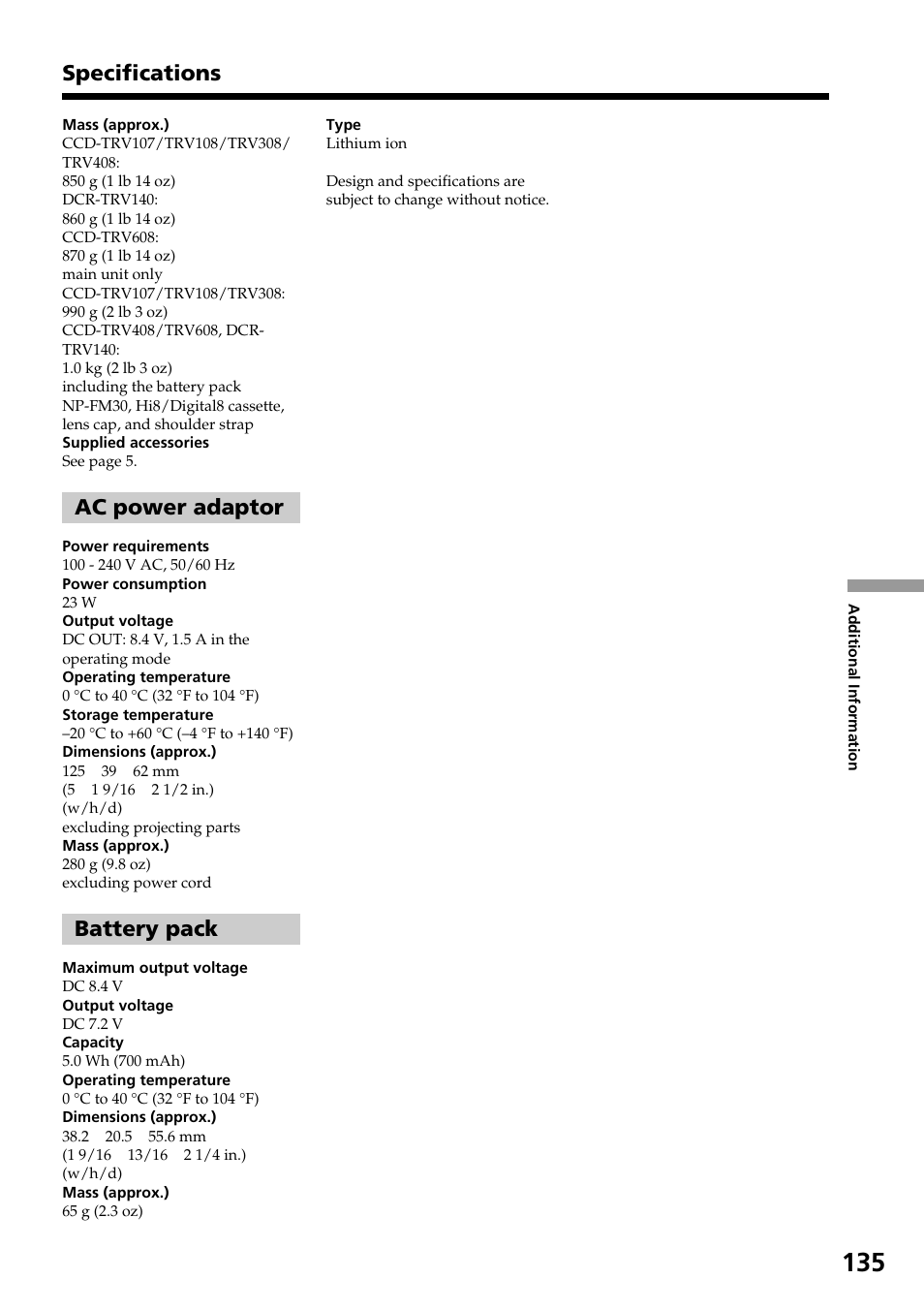 Specifications, Ac power adaptor, Battery pack | Sony DCR-TRV140 User Manual | Page 135 / 148