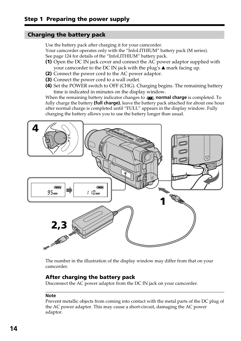 Charging the battery pack, After charging the battery pack | Sony DCR-TRV140 User Manual | Page 14 / 148