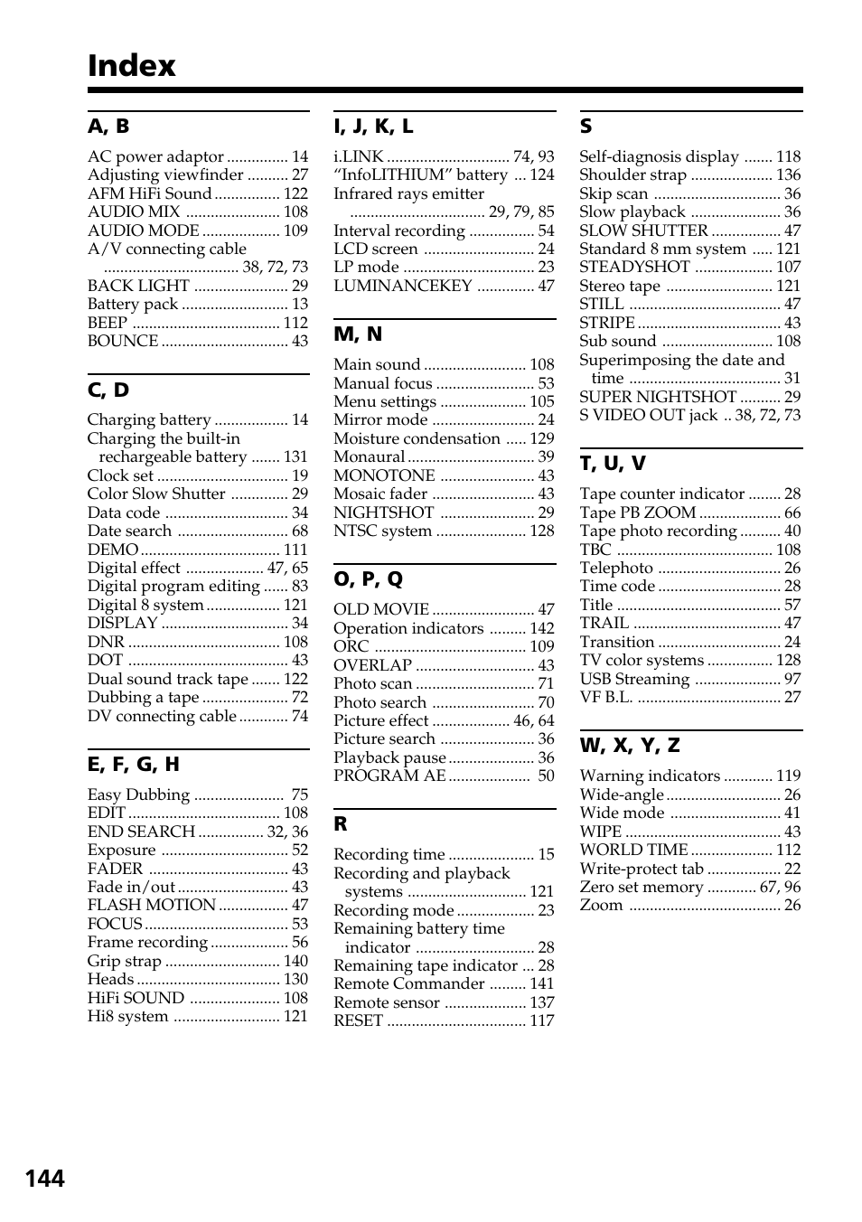 Index | Sony DCR-TRV140 User Manual | Page 144 / 148