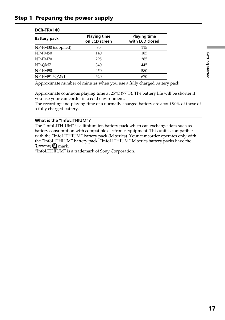 Step 1 preparing the power supply | Sony DCR-TRV140 User Manual | Page 17 / 148