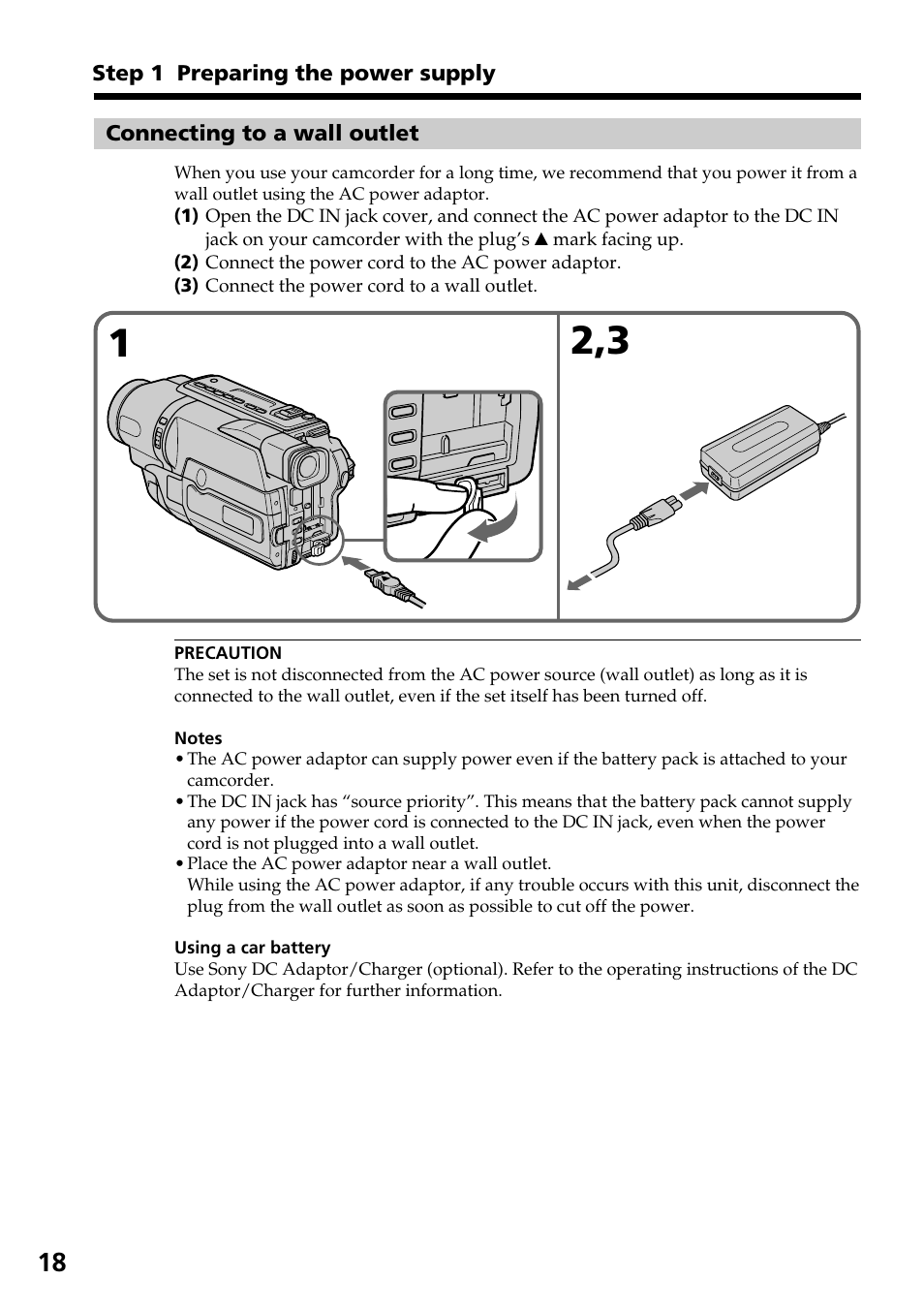 Connecting to a wall outlet | Sony DCR-TRV140 User Manual | Page 18 / 148