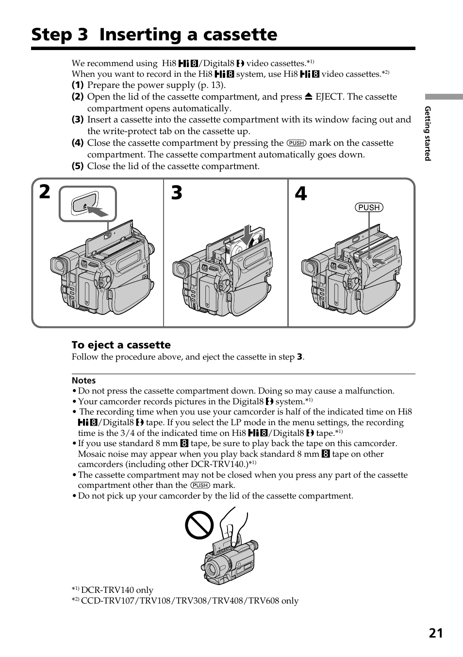 Step 3 inserting a cassette | Sony DCR-TRV140 User Manual | Page 21 / 148