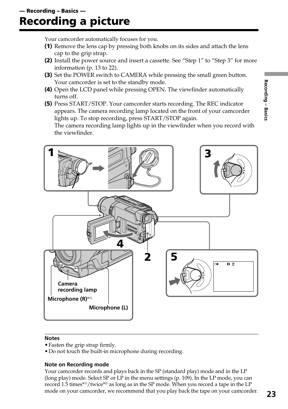 Recording – basics, Recording a picture, Your camcorder automatically focuses for you | Microphone (r), Twice | Sony DCR-TRV140 User Manual | Page 23 / 148