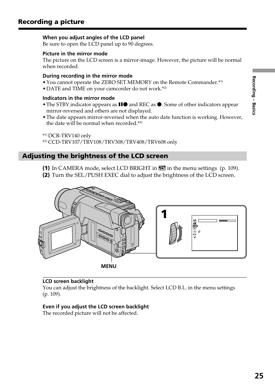 Recording a picture, Adjusting the brightness of the lcd screen | Sony DCR-TRV140 User Manual | Page 25 / 148