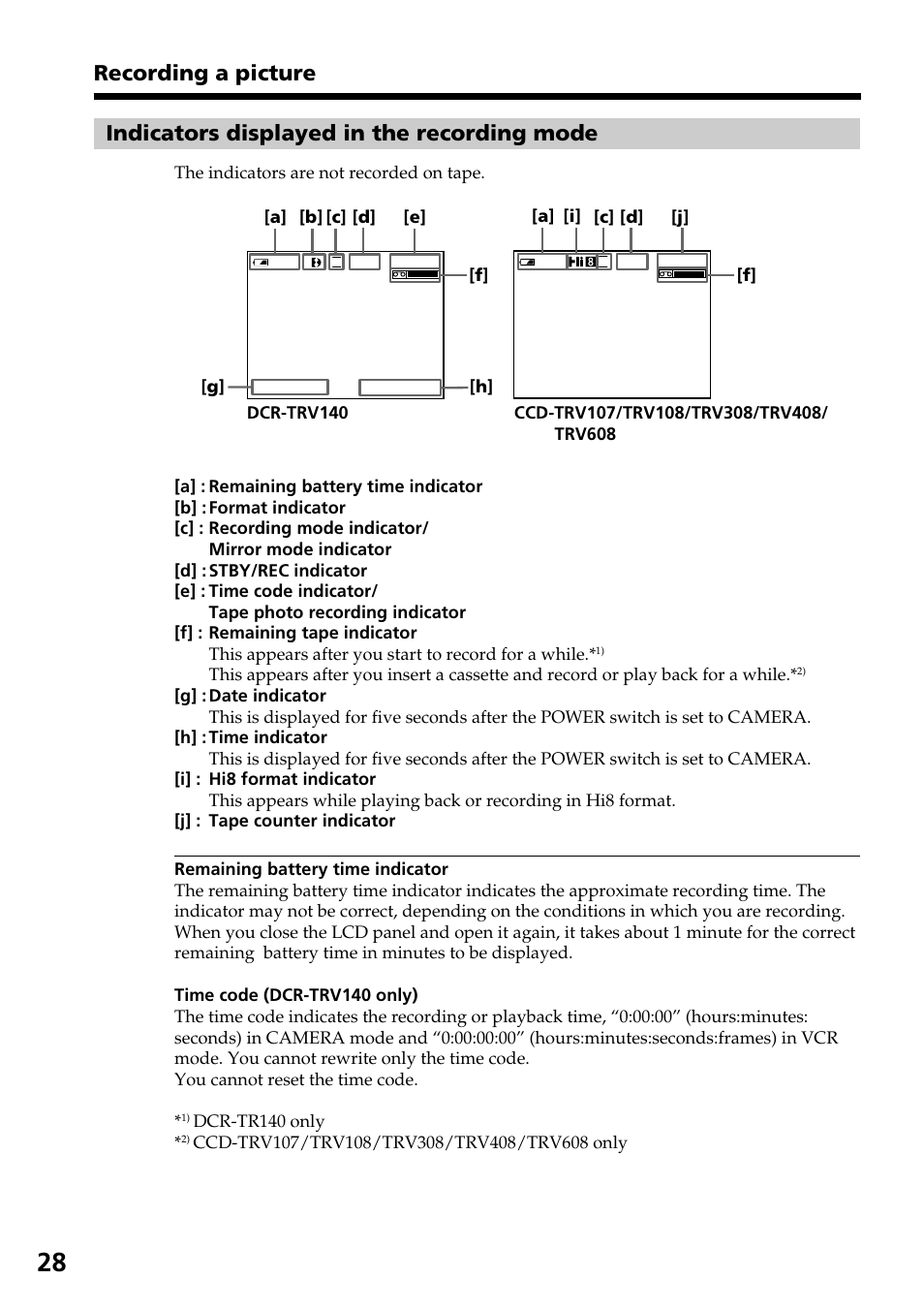 Indicators displayed in the recording mode, Recording a picture | Sony DCR-TRV140 User Manual | Page 28 / 148