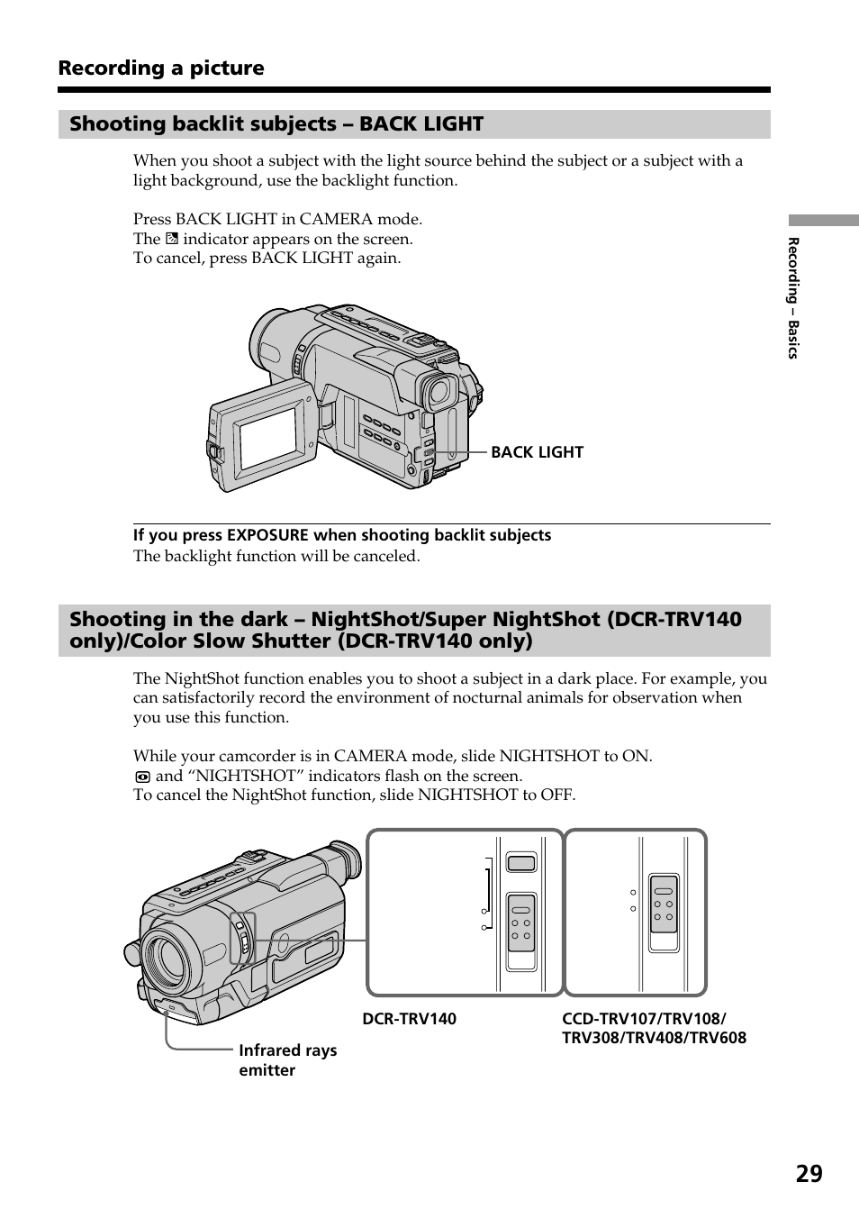 Shooting backlit subjects – back light, Recording a picture | Sony DCR-TRV140 User Manual | Page 29 / 148