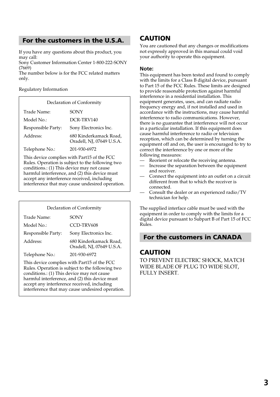 Caution, For the customers in canada, For the customers in the u.s.a | Sony DCR-TRV140 User Manual | Page 3 / 148