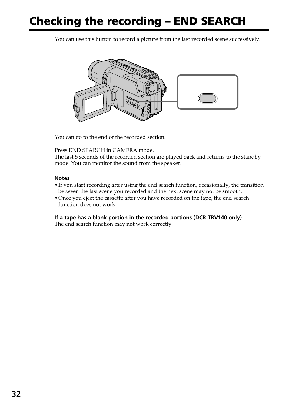 Checking the recording – end search | Sony DCR-TRV140 User Manual | Page 32 / 148